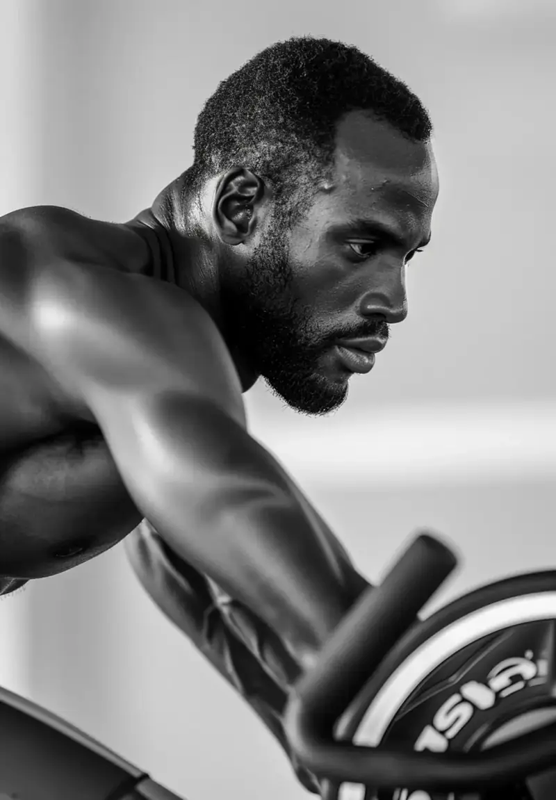 Black-and-white close-up of a member focused on an exercise bike